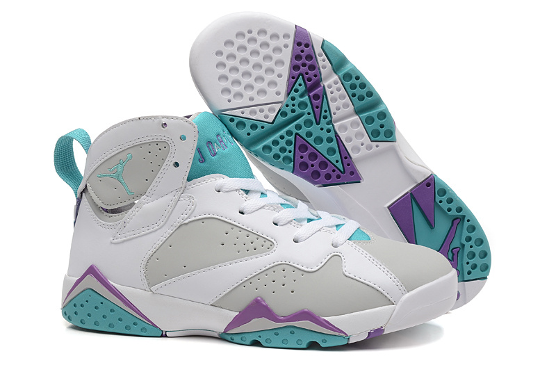 white purple and teal jordans
